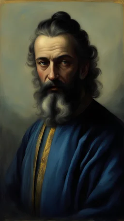 Gök mavisi cübbe giyen siyah uzun saçlı kısa sakallı mavi gözlü mavi sarık takan bir türk beyi Photorealistic