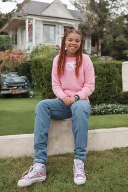 Sherrie Sue Engellant, a stacked, ((well-endowed:1.5)) 18-year-old girl with Long, auburn red-brown hair cornrow style, sea-green eyes, sitting in her front yard wearing a pink, knit, turtleneck sweater, blue jeans, black converse sneakers, a sly, clever grin on her face, (plump, full, pouty lips) ,