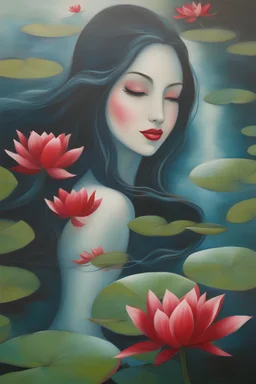 A painting artistic acrylic mermaid and water lilies near, Off-white and cherry red