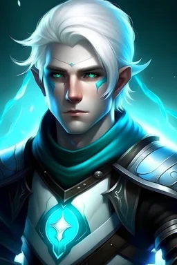 create a male air genasi ranger from dungeons and dragons, blue eyes, blue skin, white hair, 17 years old, hard side part with a little crazy short hair hair, black tunic