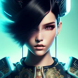 Rosalía, Cyborg anime samurai, cyberpunk, light black hair, pixie hairstyle, cobalt eyes, waist up portrait, 8k resolution, retroanime, intricate details, neon details, soft lighting, vibrant colors, masterpiece, intricate eyeliner, dark eyeshadow, eyes, intricate tattoos, gradient background