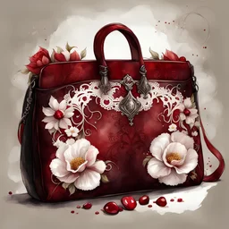 watercolor vintage gothic the fat purses of dark red color with white lace, with flowers and rubies, on a white background, Trending on Artstation, {creative commons}, fanart, AIart, {Woolitize}, by Charlie Bowater, Illustration, Color Grading, Filmic, Nikon D750, Brenizer Method, Side-View, Perspective, Depth of Field, Field of View, F/2.8, Lens Flare, Tonal Colors, 8K, Full-HD, ProPhoto RGB, Perfectionism, Rim Lighting, Natural Lightin