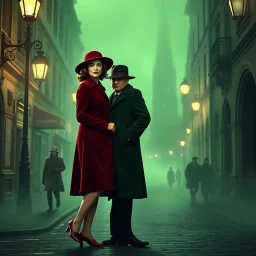 Vintage 1930s European street scene: stylish couple in period fashion, woman in forest green coat with red hat, man in crimson overcoat and fedora. Atmospheric green mist, ornate street lamps, cobblestone pavement, Gothic architecture silhouettes. Film noir cinematography, dramatic chiaroscuro lighting --ar 3:2 --v 6.1 --stylize 750
