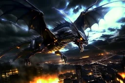 black dragon flying across the city at night dark fantasy lightening