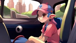 High quality medium shot of Mew sitting in a minivan, city, baseball cap, pokemon, cute