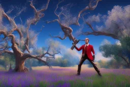 An Oak tree,on a valley,blue deep sky, Colourful meadow,and a man in red with a gun like a heist,details,texture,8k quality, 100 meters snapshot, Expressionism