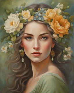 a painting of a woman with flowers in her hair, beautiful fantasy art portrait, beautiful fantasy portrait, beautiful fantasy painting, beautiful portrait oil painting, realistic cute girl painting, romanticism painting, gorgeous painting, beautiful character painting, very beautiful fantasy art, fine art portrait painting, woman in flowers, detailed soft painting, girl in flowers, portrait of celtic goddess diana