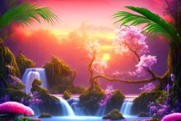 island waterfall palms twigs spring sunset pink flower bridge buterflies