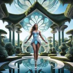 Here is a prompt for AI image generation to create an image of 3D fractal recursive art of dancer girls in a magical villa garden of the future: "3D fractal recursive art of dancer girls in a futuristic magical villa garden. Intricate, detailed, dreamlike, fantastical, surreal, volumetric, layered, geometric patterns. Ethereal, shimmering, otherworldly. Elegant, graceful dancers in motion, surrounded by lush, verdant vegetation, ornate architecture, and glowing, luminescent elements. Vibrant, s