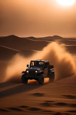 Imaginez une voiture Jeep roule dans un désert au tempête de sable sur le crépuscule.