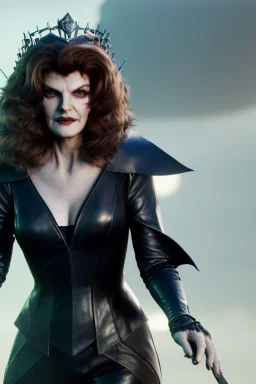 younger Rene Russo as evil queen in leather, cleavage, angry, stern look, unreal 5, octane render,cinema4d, dynamic lighting, dramatic lighting, 4k, redshift render, highly detailed, hyper realistic