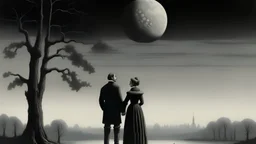 Generates the image of a man and a woman contemplating the moon in the style of Caspar David Friedrich