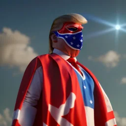 realistic image of donald trump as a mexican wrestling fighter posing outdoors, Mexican eyes wrestling mask, red and blue breeches, confederate flag cape, retro style, 80s, vibrant color, highly detailed, sky background, concept art, unreal engine 5, god rays, ray tracing, RTX, lumen lighting, ultra detail, volumetric lighting, 3d, finely drawn, high definition, high resolution.