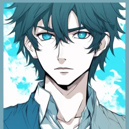 A headshot of a confident handsome man with messy black hair and blue eyes, wearing casual, modern attire, colored manga style, intricately detailed,