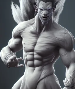  unreal engine 5, avatar, goku, white and purple lines hair, fighting pose, muscular body, shirtless, volumetric details, hyper realism