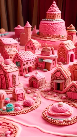 A pink village made out of cookies and cakes designed in Navajo yarn