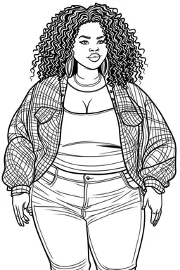 black curvy woman eyes front camera coloring page fashion style full body