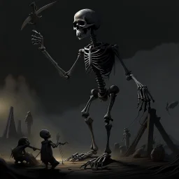 like "I Felt a Funeral in My Brain" by Boris Groh on Artstation, creepy giant skeleton looming over kids on a see-saw at dusk, noir, by Boris Groh.