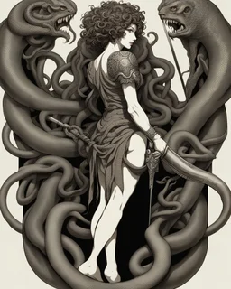 full-length, detailed persona, sword in hand, gorgon medusa, from the back, half-turn, full-length, leans on one leg, snakes on the head instead of hair