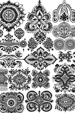 Draw a page with folk traditional patterns for tattoo designs from Ireland in fine work black in on white background