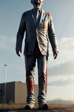 realistic image, joe biden zombie, arm cut and bleeding, amputated leg, night, walking with a limp, waist up view, dark ambient, highly detailed, sky background, concept art, unreal engine 5, god rays, ray tracing, RTX, lumen lighting, ultra detail, volumetric lighting, 3d, finely drawn, high definition, high resolution.