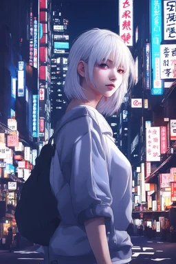 1girl,(8k, RAW photo, best quality, masterpiece:1.3),(realistic,photo-realistic:1.37),(night),(looking at viewer:1.331),(white hair),posing,Tokyo street,nightcityscape, , cyberpunk city,soft light,1girl,extremely beautiful face,bust,put down hands,Random hairstyle,Random expression,big eyes, ,lower abdomen,(short-sleeved JK_shirt),JK_style,(dark blue JK_skirt) ,(bow JK_tie),,mix4, an extremely delicate and beautiful girl, depth of field, blurry background, blurry foreground,, delicate, beautifu