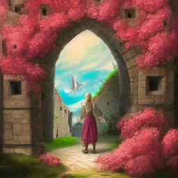  Castle into sky, with flowers of fire. Green clouds and birds. Shy girl going out of the main gate. Detailed painting, sharp color, medieval, intricate detail, far sceen, realistic colors, medieval concept art. spring.