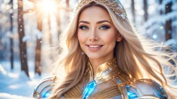 Photo realistic portrait of a gorgeous smiling euro-asian goddess with a golden dark shining skin, long smooth blonde hair, blue eyes, in a sci-fi outfit with luminous strikes blowing a kiss in a snowy wood with beautiful trees, a futuristic crystal palace with cupulas, sunrays through the branches at sunset, particles in the air in winter. Intricated details,