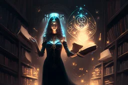 full-height shot of a woman in a tight black dress, holding up small glowing symbols, inside a magic book shop