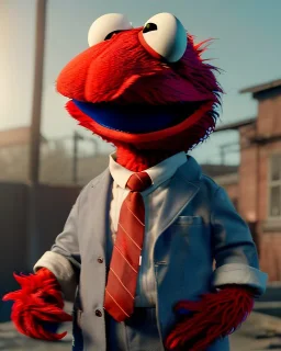 Realistic image, hybrid formed by simple Elmo muppet head and real human body, human arms and hands, Shirt and tie, concept art, smooth, unreal engine 5, god lights, ray tracing, RTX, lumen lighting, ultra detail, volumetric lighting, 3d, finely drawn, high definition, 4k.