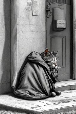 One single mature homeless cat with worn out clothes, sleeping in a corner on the street, Vienna, mourning, model style, hyper realistic, extremely accurate, delicate, extremely detailed, Graphic novel style, wide-angle, open aperture, superfine pencil