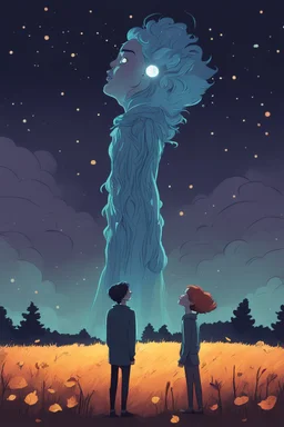 one non-binary person looking up to a tall ethereal person in a pasture at night during fall cartoon style sideview