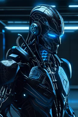 A cyberpunk hacker robot in a black and blue zippered suit with a cybernetic tattoo on his neck, in the world of technology