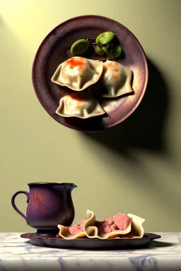 renaissance style still life composite, dish of Raviolis with meat, vine cup, olive oil. moisture, art, natural, ornaments, ceramic, marble, high kitchen, smooth, god rays, unreal engine 5, ray tracing, RTX, lumen lighting, ultra detail, volumetric lighting, 3d.