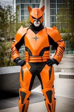 Catman in futuristic orange armor, photograph