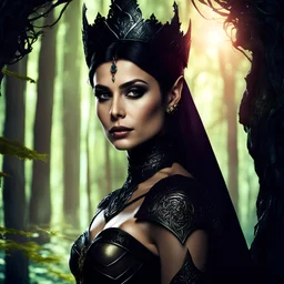 Morena Baccarin as a beautiful sexy dark elf queen seated elegantly on a throne in a mystical forest, dark celtic vignette frame, photo-realistic, cinematic lighting, award-winning photography