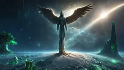 matrix universe, space, planets, god creation, angels from other dimensions with beautiful wings, trees on the planet, behind green crystals of light, few tiberium monolith deposits on the planet near tree,