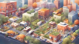 A vivid digital artwork showcasing a lively city filled with a multitude of people partaking in unconventional occupations like cooking in distinct local buildings, urban farming, providing emergency healthcare in a nearby emergency room, working as community nutritionists, and contributing to innovative industries such as new forms of residential construction. The illustration aims to portray a thriving and diverse workforce, emphasizing the significance of community-centered jobs. It should ha