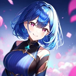 Girl, blue hair, pink eyes, dark mori, smiling