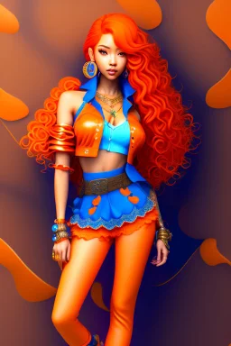 Full body of beautiful girl nami, Hair Color: Orange, Style: Wavy, Outfit Top: Blue, Outfit Bottom: Orange, Shoes: Brown, Accessories: Tangerine, Weapon: Clima-Tact, Hat: Straw, Tattoo: Pinwheel, Earrings: Hoops, sophisticated,, beautiful woman, hyper realistic, hyperrealism, photoreal, realistic, photorealistic, soft pastels, full-body, standing, long shot, wide angle, aesthetic