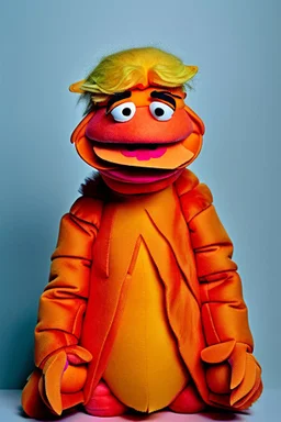 a Film Photograph of an orange Donald Trump Muppet made of felt and fur yelling at everybody