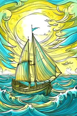 Mohana viajando en el velero una mañana soleada en el mar, llegando a una isla, pájaros volando, viento soplando, sol radiante al estilo van gogh