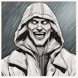 a closeup of a psychopathic young man with white eyes in a heavy coat and hood during a rainstorm laughing cartoon