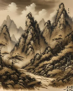 A dark brown dry mountain painted by Zhang Lu