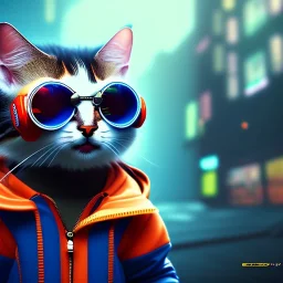 Scottish cat toddler, smile, cyberpunk headphone, sunglass, gangsta neckless, full body, orange puffer jacket, tokio background, dramatic lighting, hyper realistic, unreal engine 5, 16k