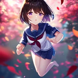 Clear focus,High resolution, one girls, Short brown hair, Purple eyes, Wearing a sailor uniform jumping with blurry sakura leafs falling down