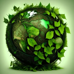 very detailed all Green planet earth globe surrounded by leaves and ivy, medieval, gothic style,