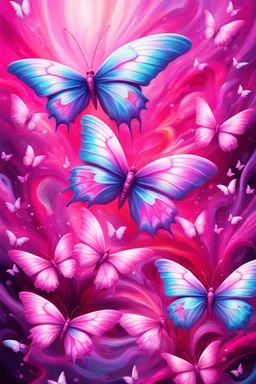 vibrant psychedelic oil painting image, airbrush, 64k, cartoon art image of background HOT PINK and WHITE BUTTERFLIES , futurism style