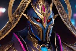 Jhin in 8k live action artstyle, mask, wapen, close picture, neon lights, intricate details, highly detailed, high details, detailed portrait, masterpiece,ultra detailed, ultra quality