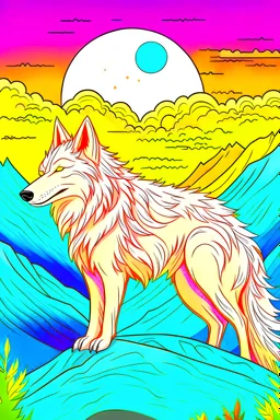 DRAW TO COLORING OF A WOLF ON A MOUNTAIN, CARTOON STYLE, LOW DETAILS, THICK LINES, NO SHADINGLINES